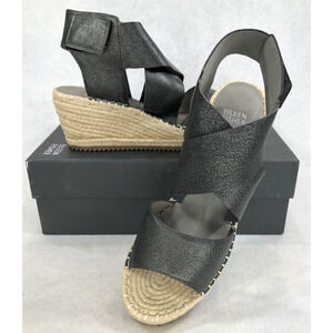 Eileen Fisher Sz 9 Leather Espadrille Wedge Sandals Pewter Summer Boho NEW